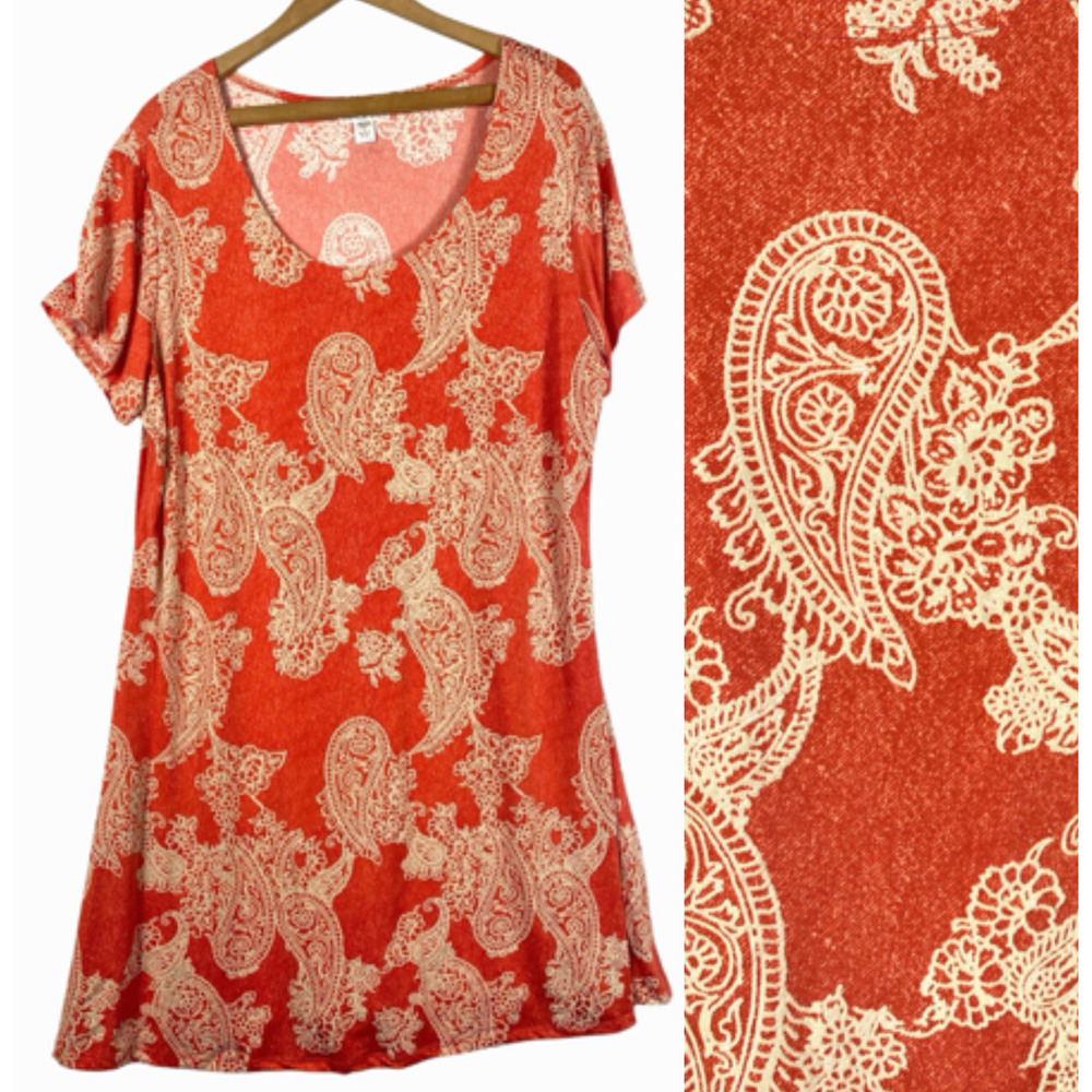 Vasna Dress Size 1X Coral Orange Paisley Slinky Travel Knit Beachy Vacation